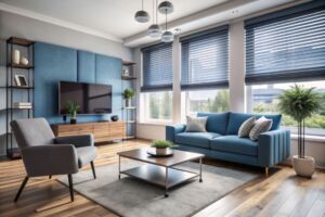 Blurred grey zebra camera effect on modern living room with blue sofa, grey armchair, double roller window shades, wall mounted TV, and sleek window blinds.