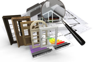 Home construction concept with energy efficiency chart and a selection of doors and windows