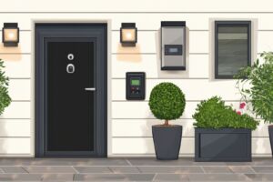 Modern House Entrance with Potted Plants and Door Security System